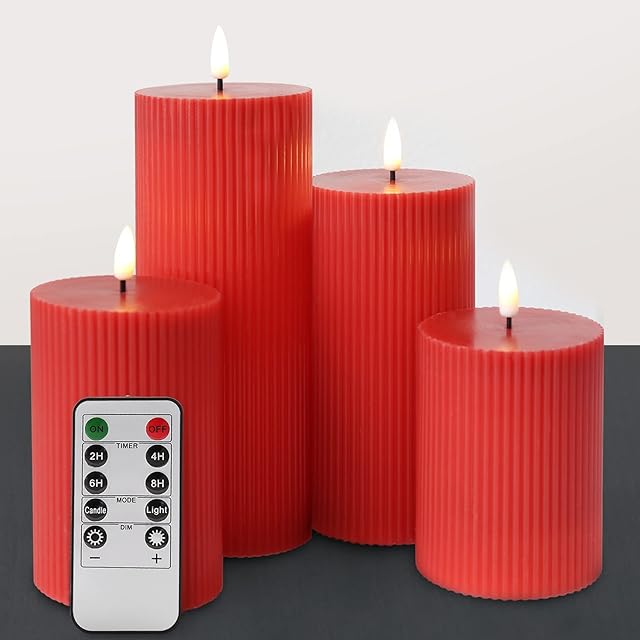 Eywamage 4 Pack Red Flameless Pillar Candles with Remote, Flickering Real Wax LED Battery Christmas Candles Φ 3" H 4" 5" 6" 8"