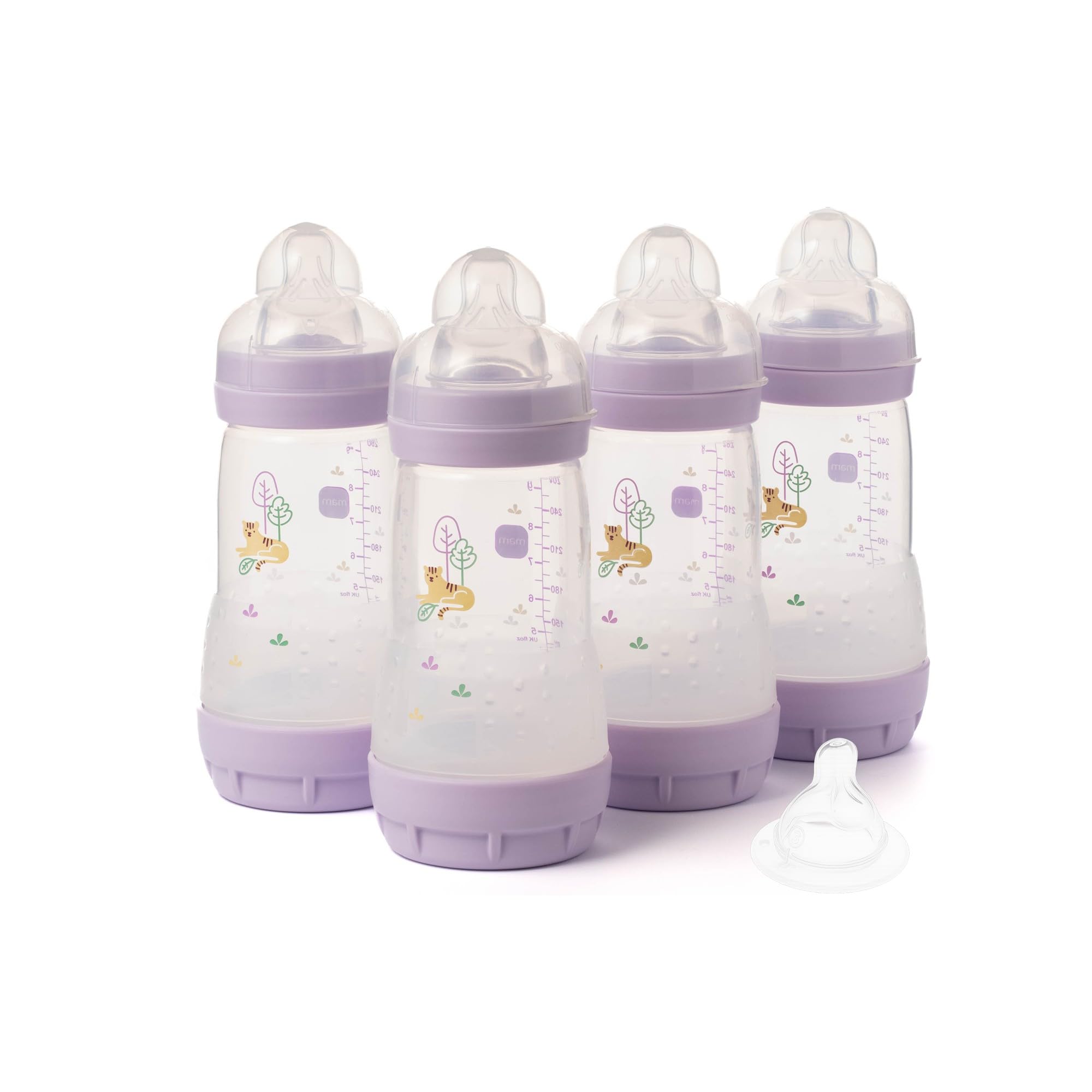 MAM Biberon anti-coliche Easy Start | Confezione da 4 (4 x 260 ml) | Biberon autosterilizzante | Tettarelle MAM a flusso medio misura 2 + 1 tettarella a flusso rapido misura 3 | rosa (vari disegni)