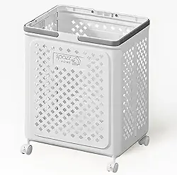Spazz Home Cesto de Roupa Suja Dobrável 49L com Rodízios 360° e Alças Ergonômicas – Ocupa Apenas 8cm Dobrado, Ventilado, Multiuso para Roupas, Brinquedos e Outros Itens, Plástico Reforçado, Cor Branca