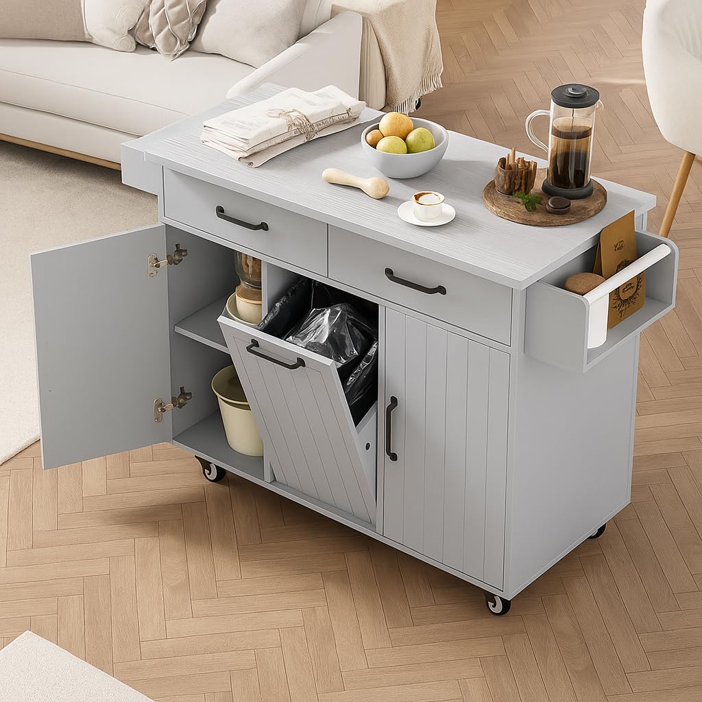K&K Kitchen Island with Trash Can Storage Cabinet, Kitchen Cart with Drop Leaf, Spice Rack, Towel Rack and Drawer, Rolling Island on Wheels with Adjustable Shelf, Grey