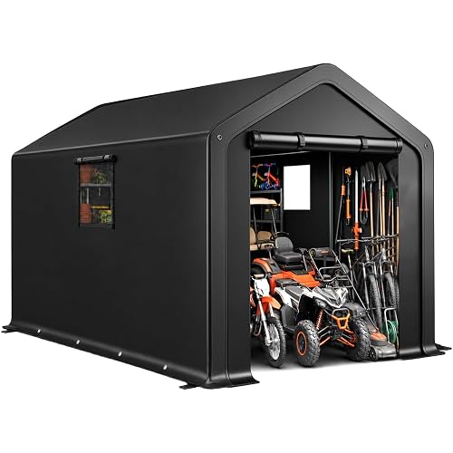 VINGLI 8x10 FT Outdoor Storage Shelter Shed, Heavy Duty Portable Garage with Roll-up Zipper Door, Waterproof and UV Resistent Carport Tent for Motorcycle, Garden Tools, Firewood, Black