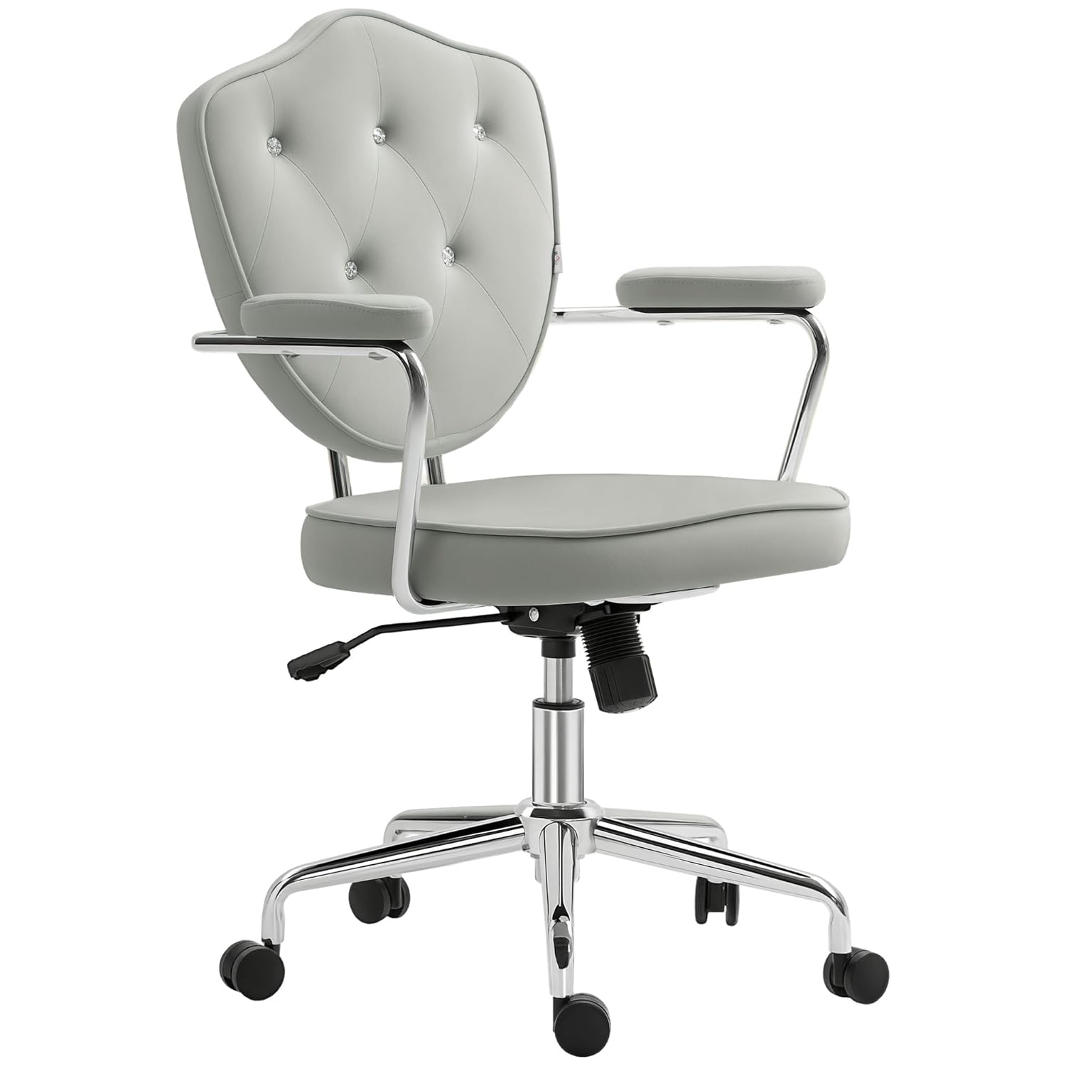HOMCOM Cute Home Office Chair Computer Desk Chair with Button Tufted Velvet-Feel Fabric Swivel Vanity Chair Gray