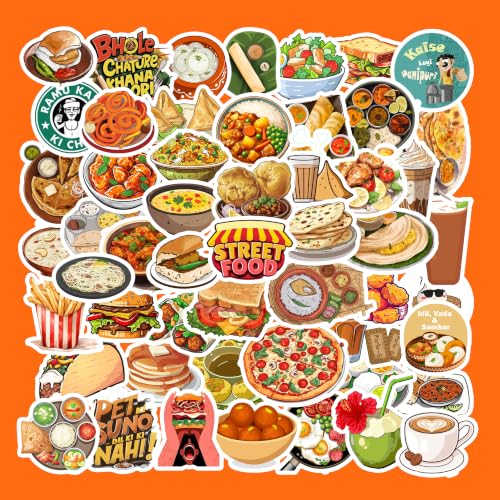 Image of Food Sticker Pack of 50 | Premium Waterproof Vinyl Stickers for Laptop, Water Bottle, Phone, Helmet, Notebook, Scrapbook, Bike, Car & Luggage | Indian Street Food, Fast Food Sticker Decal