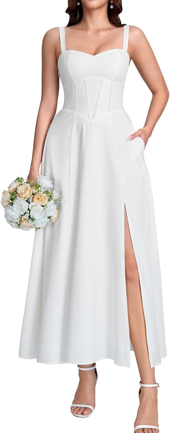 Women Floral Corset Midi Dress Lace Up Flowy A Line Slit Long Sundress Summer Casual Tea Party Dresses with Pockets