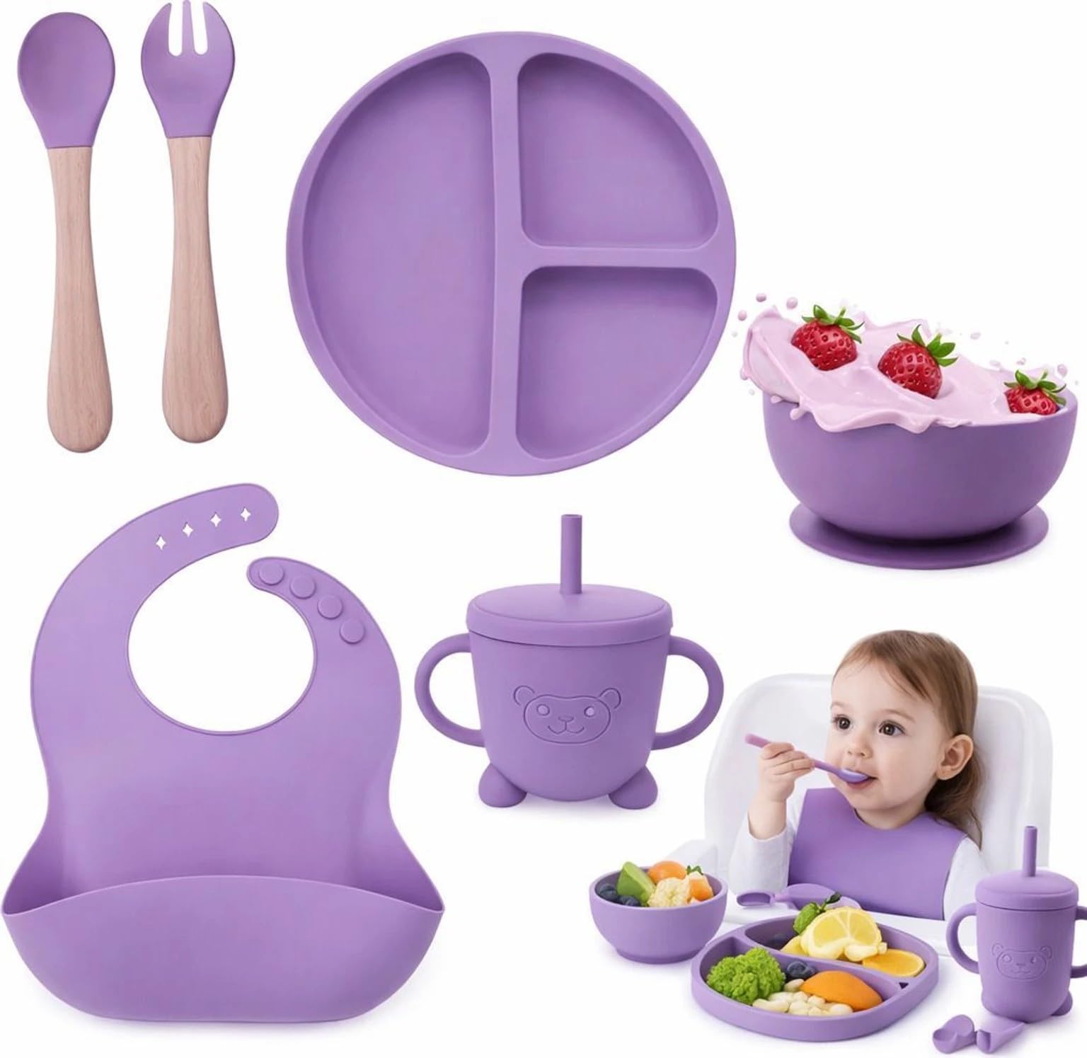 6-Piece Silicone Baby Feeding Set Non-Slip Suction Plate, Bowl, Spoon, Fork, Cup, Bib. BPA-Free, Dishwasher & Microwave Safe for Babies & Toddlers (Purple)-image-14