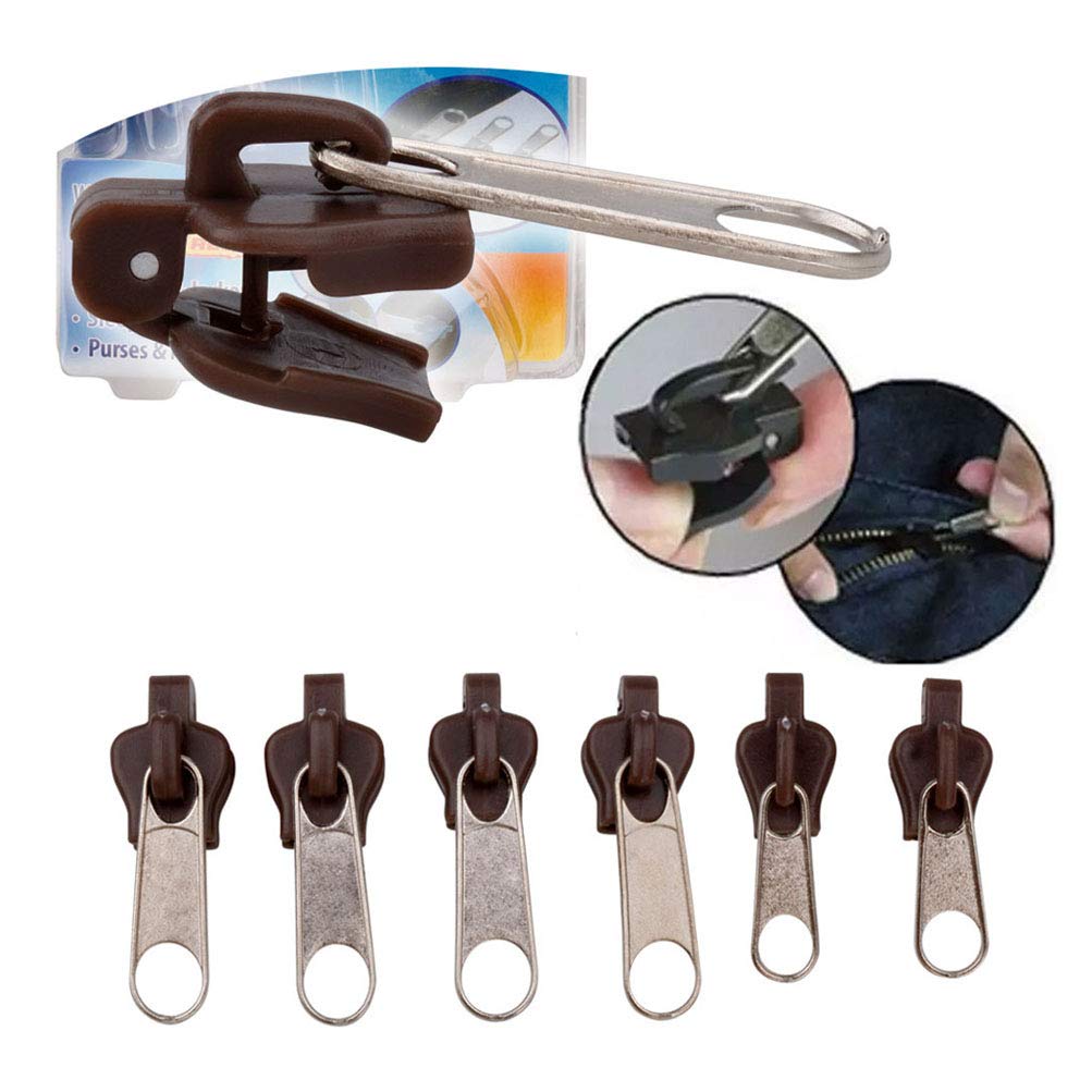 6 Pcs Fix Zip Puller, Zipper Repair Kit Zipper Replacement Zipper Pull Rescue Kit, Zipper Extension Pulls for Clothing Jackets Purses Luggage Backpacks - Fix Zipper Clip (Brown)