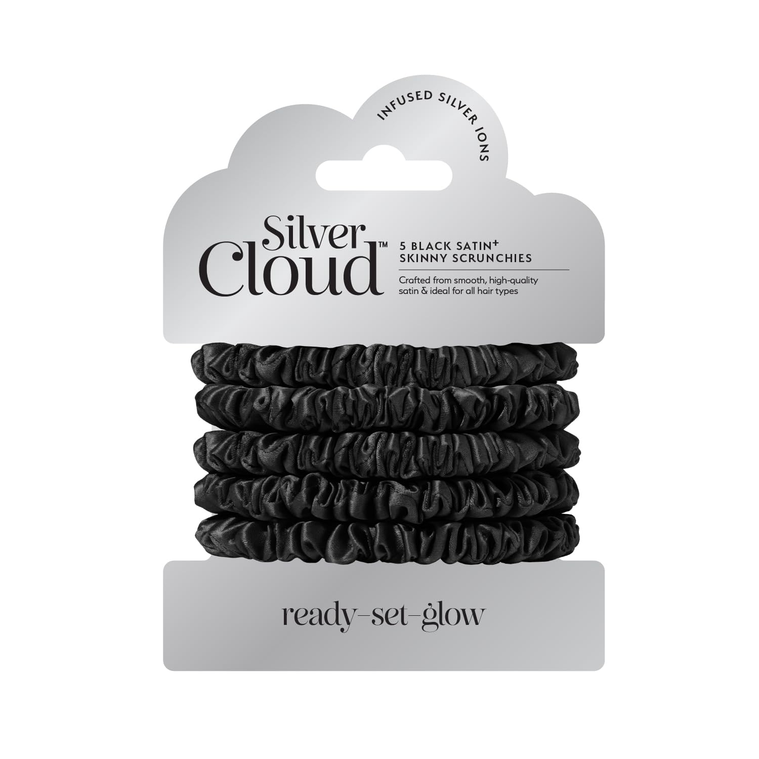 Silver Cloud 5 Black Satin+ Skinny Scrunchies