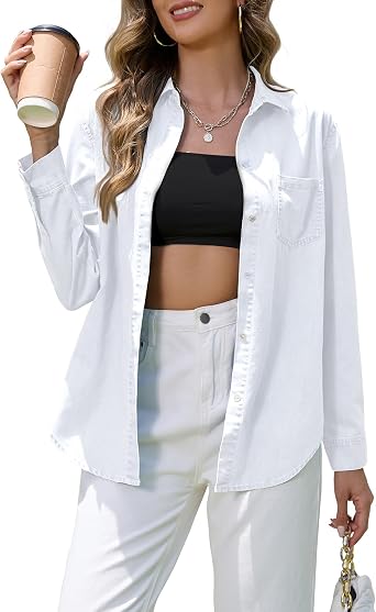 Denim Shirt Women Chambray Western Shirts Casual Long Sleeve Button Down Jean Tops