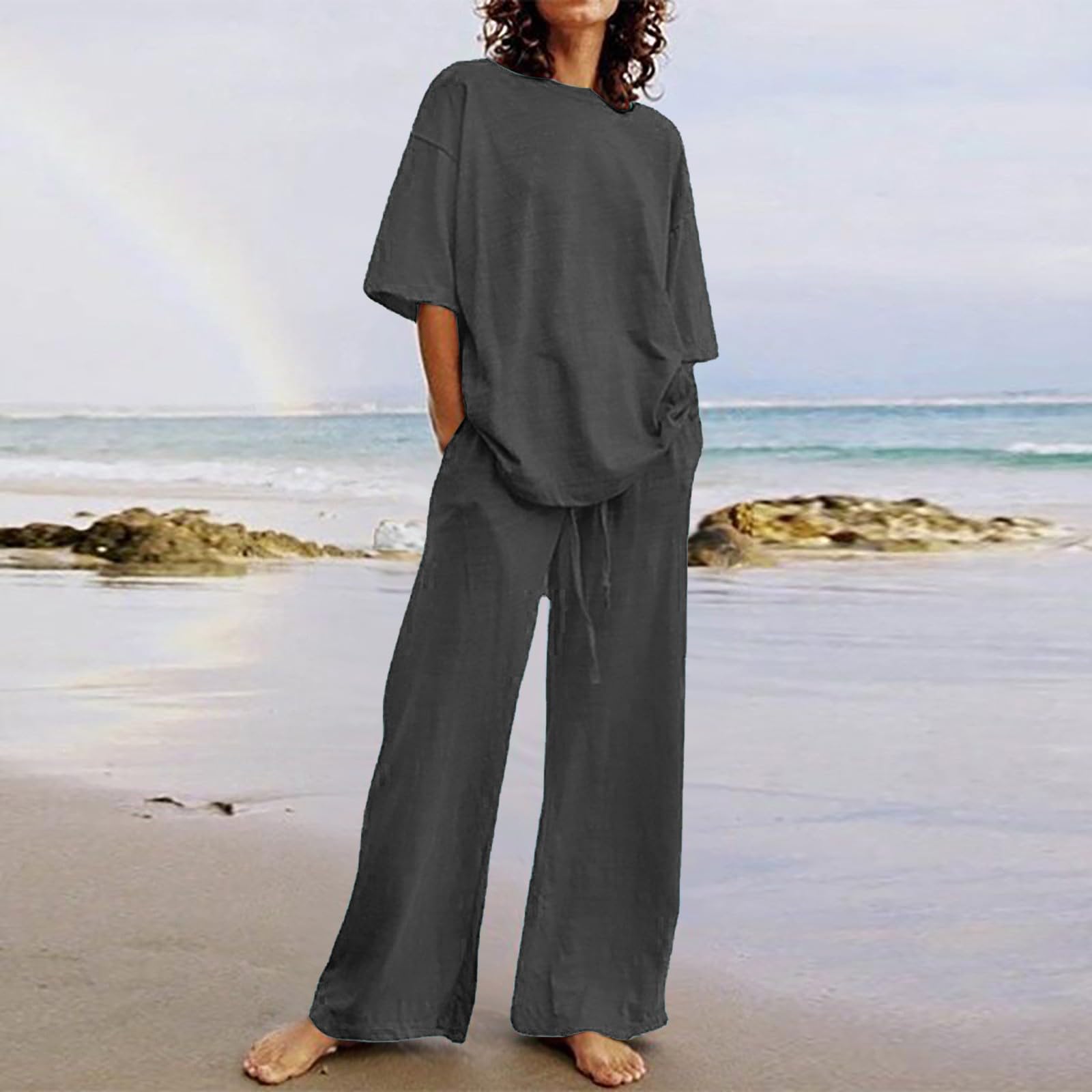 Damen Leinen Zweiteiler Outfit Sommer Hose und T-Shirt 2 Teiler Anzug Casual Sommer Freizeitanzug Casual Hausanzug Leinen Zweiteiler Einfarbig