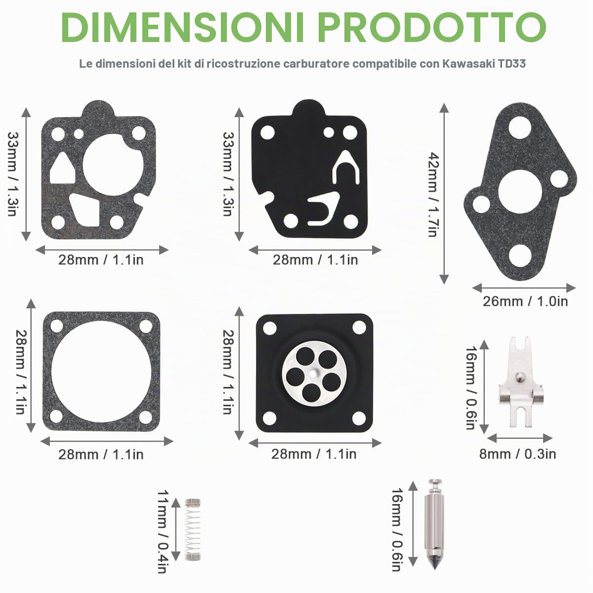 ZAMDOE Kit di revisione del carburatore TD33 da 30 mm, Galleggiante AY, per Kawasaki TD33 TD40 TD43 TD48 CG400 40CC 40-7 decespugliatore per 15001-2525, con Spazzola per la Pulizia delle Candele