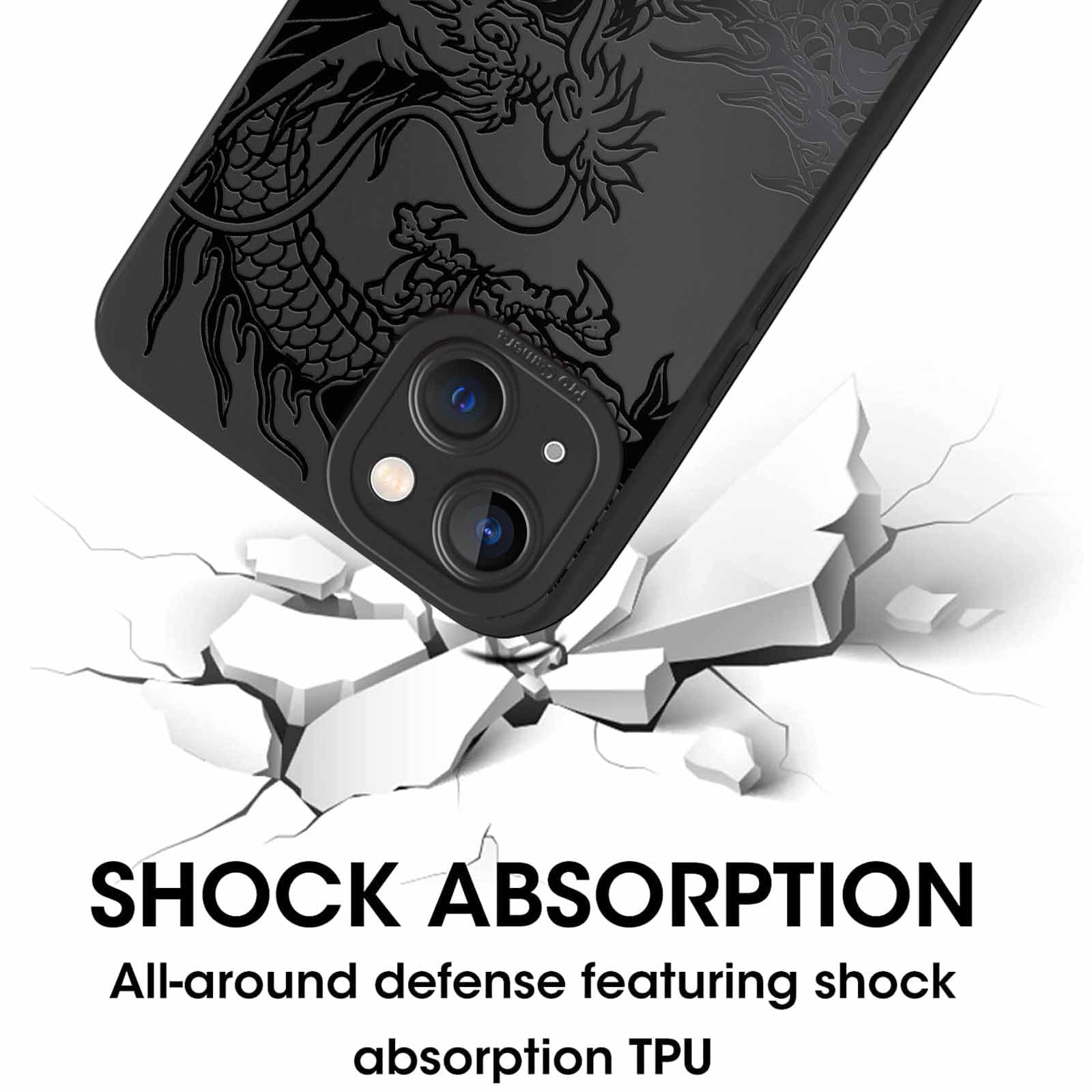 Coalbooliy Telefoonhoesje voor iPhone 15, 6,1 inch, esthetisch drakenpatroon, zwart, zachte TPU-siliconen, schokbestendig, camerabescherming, beschermhoes, ultradun, voor meisjes, 06