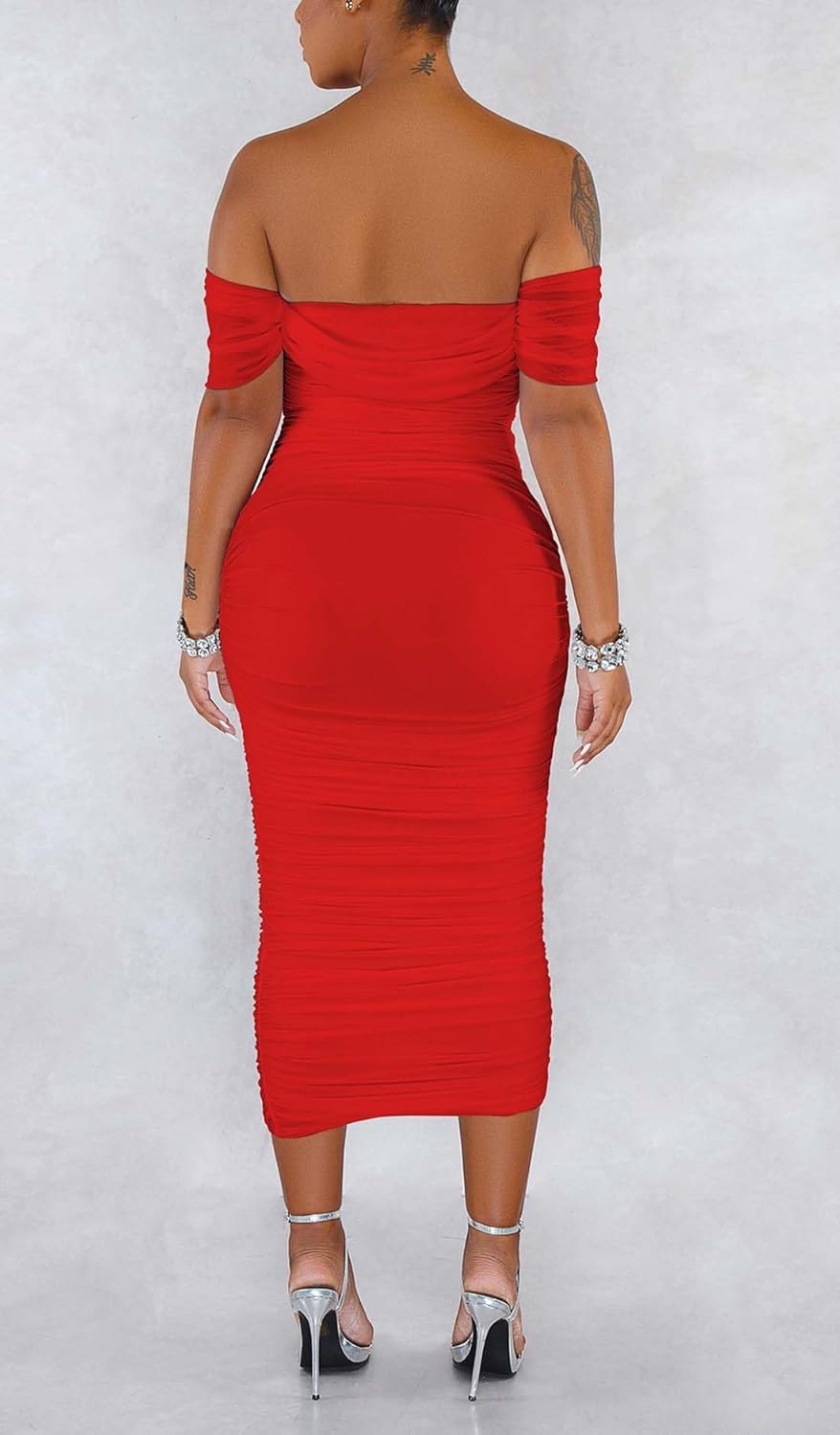 Women's Sexy Off Shoulder Sleeveless Bodycon Ruched Midi Elegant Cocktail Evening Party Night Tube Dresses - Image 6