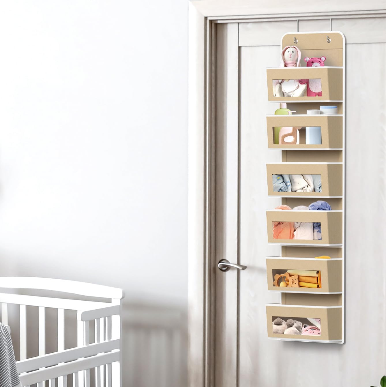 Simple Houseware 6 Clear Window Pocket Over Closet Door Storage Hanging Organizer for Bedroom, Bathroom, Pantry, Beige - Image 6