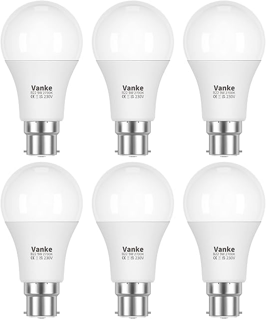 Bayonet Light Bulb, 9w (60w Equivalent), 2700K Warm White B22 LED Bulbs, Non-Dimmable, 806 Lumen, Pack of 6