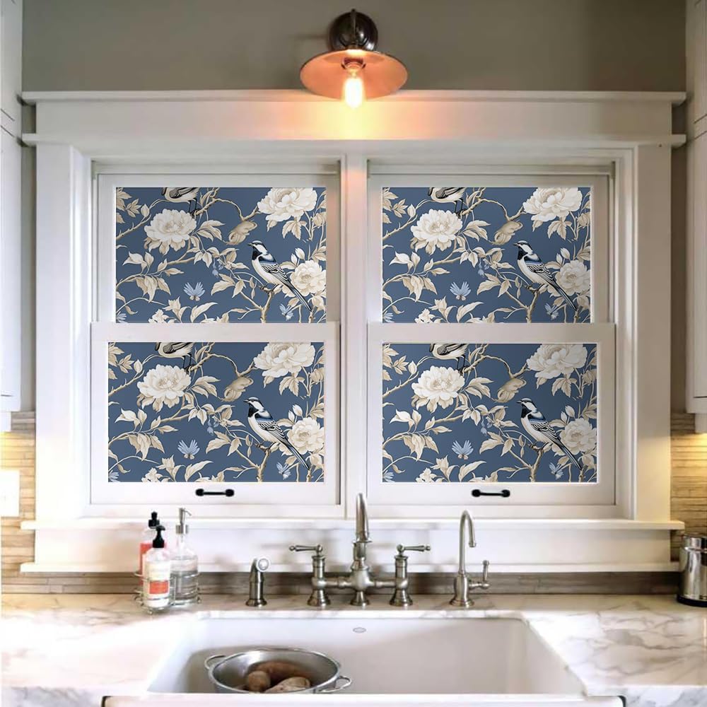 18"x236" Navy White Vintage Peony Floral Peel and Stick Self Adhesive Wallpaper Removable Contact Paper Stick on Easy Peel Off Wall Paper for Kitchen Bedroom Bathroom Renter