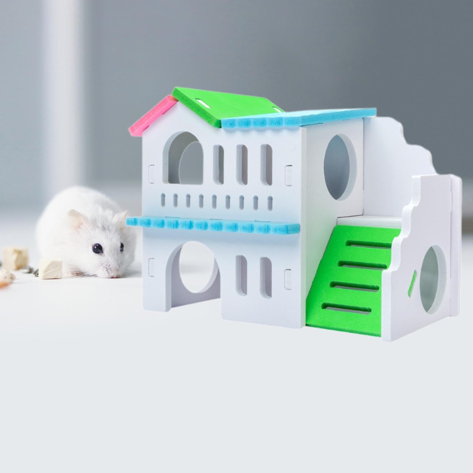 Wooden Hamster House, Two Layers Hut, Exercise Toys, Habitat Nesting Area Platform Playground Sleeping Cage for Chinchilla Gerbil, Colored