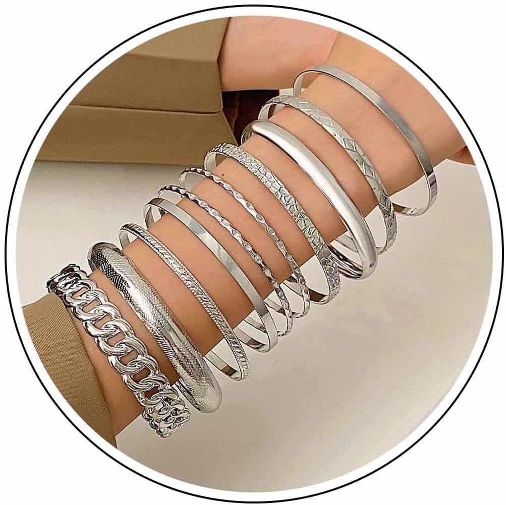 Gold Bangle Bracelet Set for Women Multi Stacking Wide Bangles Indian Bollywood Chunky Bangle Bracelets Ethnic Glossy Textured Twist Bracelets Collection Wedding Outfit Jewelry (10Pcs)