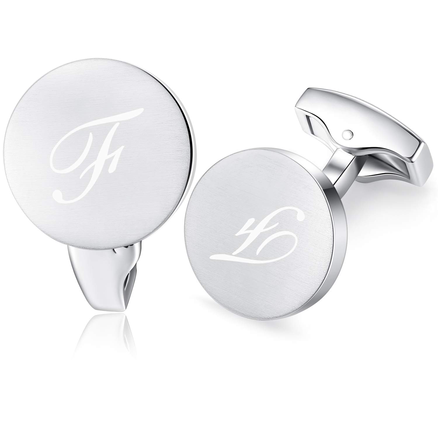 Honey Bear Men's Silver Initial Alphabet Letter Cufflinks For Round Shape Stainless Steel Wedding Business Gifts A - Z (F)