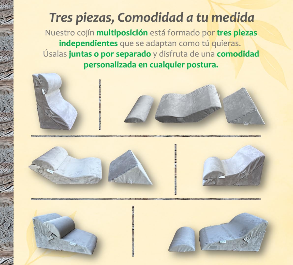 Cojín Respaldo Cama y Sofa de 3 Piezas – Multiposición- Certificada OEKO Tex y CertiPUR- Cojin Lectura Cama, Cuña Antireflujo Adulto, Wedge Pillow, Cojin de Lectura, Almohada Cuña– Funda Lavable.