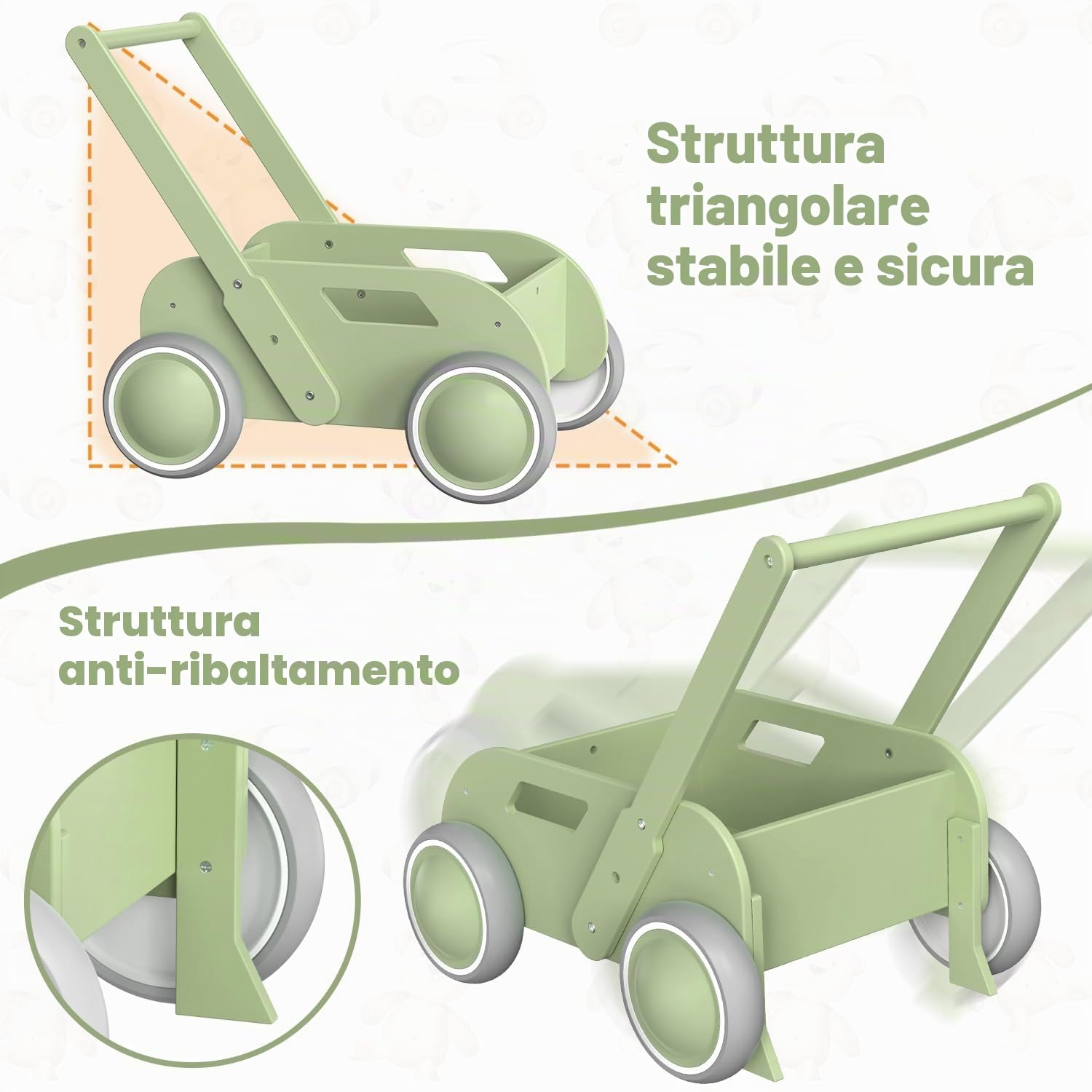 Girello per Bambini di Legno, Carrello Primi Passi Legno per Bambini e Bambine, Giocattoli Bambino 1 Anno con Spazio di Archiviazione, Primi Passi Regalo per Compleanno Natale, Verde