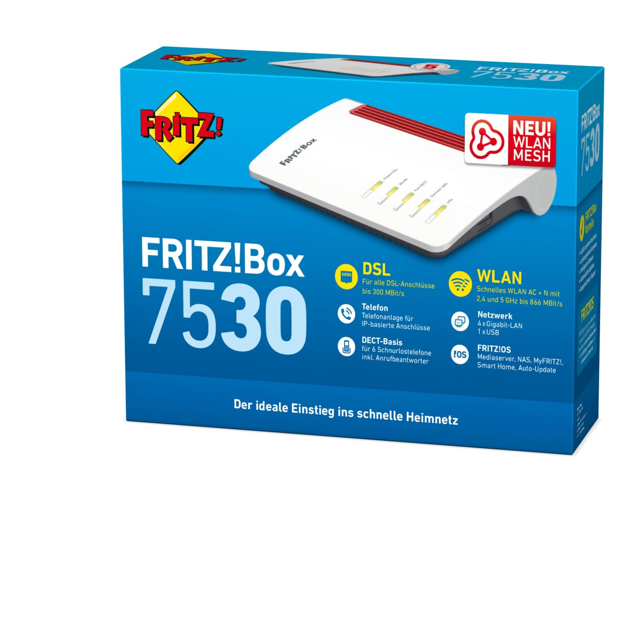 Avm Fritz! Box 7530 Wlan Ac+n Router (dsl/vdsl, 866 Mbit/s (5ghz) & 400 Mbit/s (2,4 Ghz), Bis Zu 300 Mbit/s Mit VdsL-Supervectoring 35b, Wlan Mesh, D