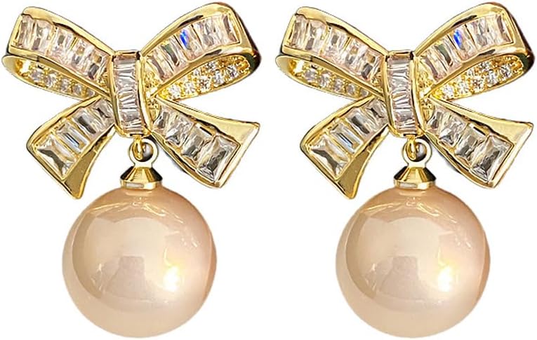 MIKAMU 14K Gold bow Hoop Earrings for Women CZ cubic zirconia Dainty Gold pink pearl Hoop Earrings for Women