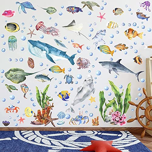 Glow In The Dark Ocean Fish Wall Decals,Under The Sea Wall Stickers Decals Decor Luminous Sea Life Animals Waterproof Stick Wall Decal For Kids Boys Bedroom Watercolor Ocean Creatures Decor (Ocean) #TOP3