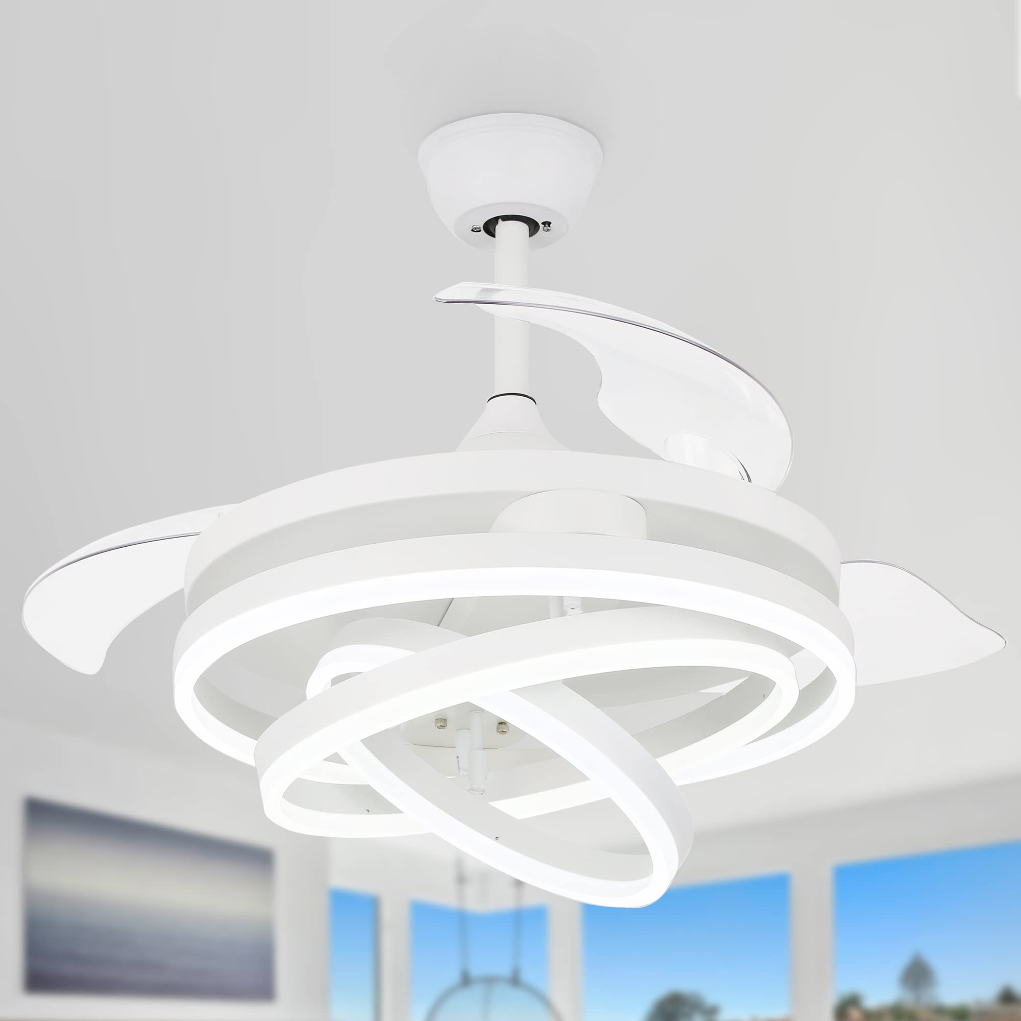 White 42" Retractable Fandelier Ceiling Fan with Lights Remote - Silent Dimmable Modern 6 Speed LED Chandelier Fan for Bedroom Living Room Kitchen