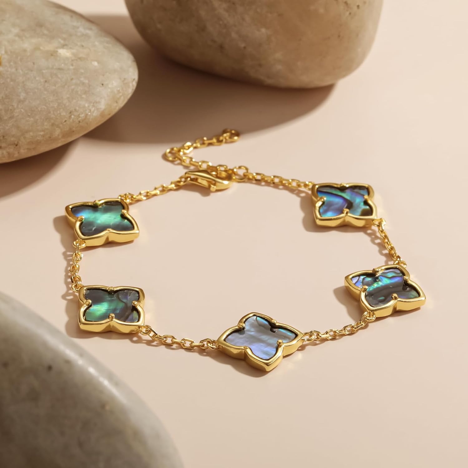 18K Gold Plated Abalone Shell Clover Bracelet, 8.6 Inch Chain with 2 Inch Extender, Adjustable Dainty Link Charm Bracelet - Image 6