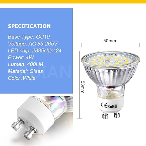 Miniatura 5 de Ruiandsion Bombillas LED GU10 de 85 a 265 V, luz diurna blanca 2835 24SMD, 400 lúmenes, 4 W, repuesto para foco empotrado de riel, no regulable,