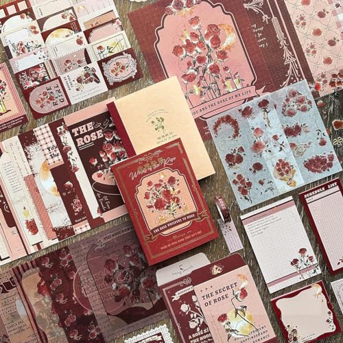 Image of The AutoStory Floral Scrapbook Kit Premium A6 Junk Journal Flower Stickers Art Paper Washi Tape DIY Craft Diary Planner Decor Accessory Set Kids Gift for Teens Girls (The Words of the Rose, Red)