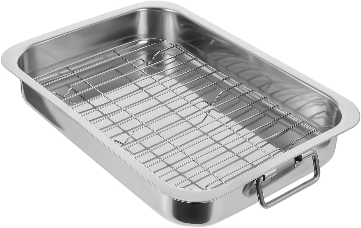 Cabilock 14-Inch Stainless Steel Roasting Pan with Rack – Deep Rectangular Baking Pan for Lasagna, Turkey & Chicken, Heavy-Duty Oven Roaster Tray, Warp-Resistant & Dishwasher Safe