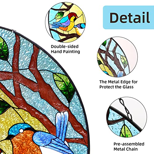 Stained Glass Birds Window Hangings, 11.8 * 11.8Inches Four Multicolor Birds On Tree Hand Paint Window Panel Decor, Bird Suncatcher Home Wall Garden Decoration, Best Gifts For Bird Lovers #TOP2