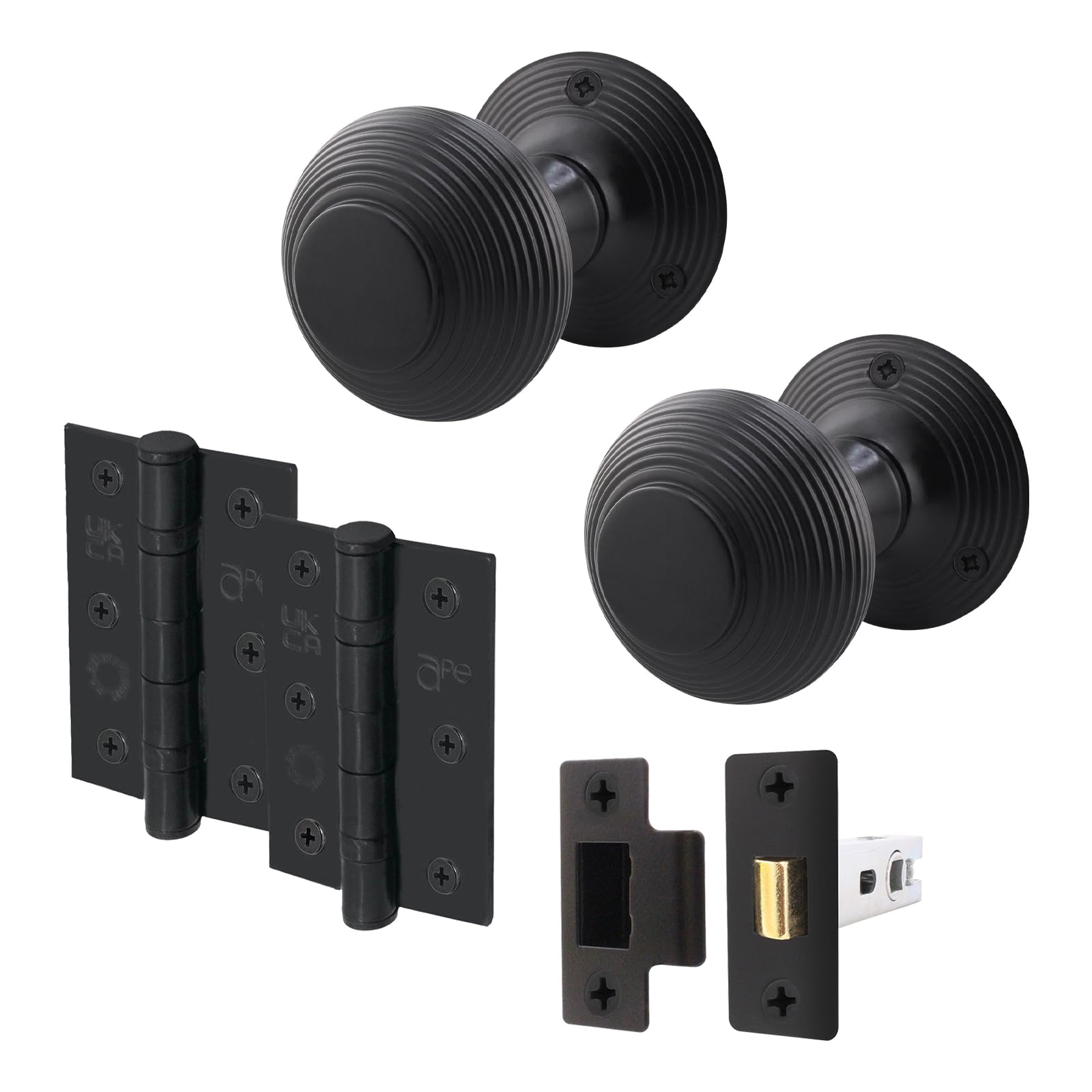 EAI Beehive Reeded Black Door Knob Set | 1 Pair of Matt Black Mortice Knobs (55mm), Latch (76mm) & Hinges (76mm) for Internal Doors โ image 1