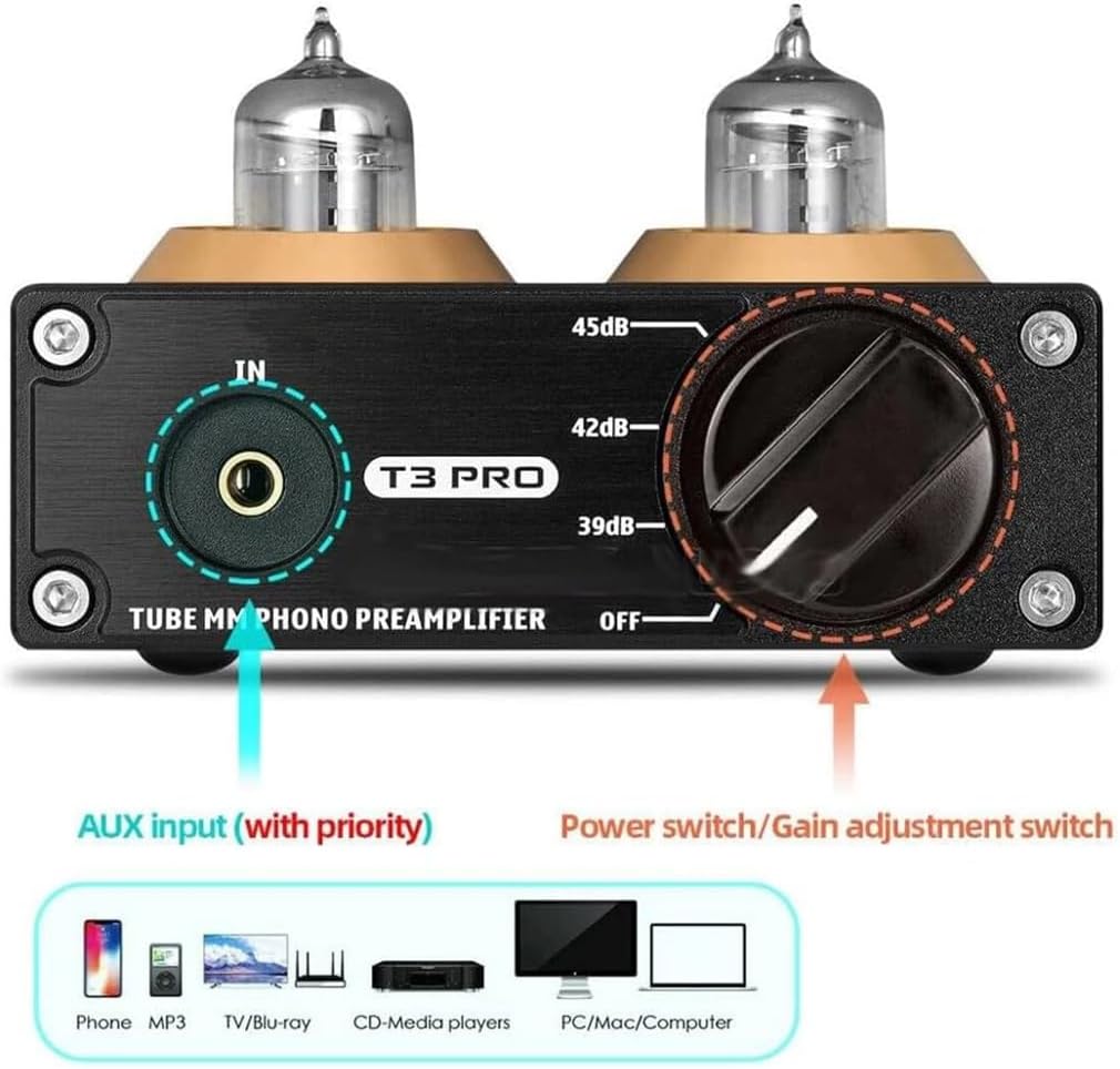 Mini Audio Preamplifier, HiFi MM Phono Stage Turntable Preamp, 2 Vacuum Tube, with Gain Adjustment Switch, for Home Theater HiFi System