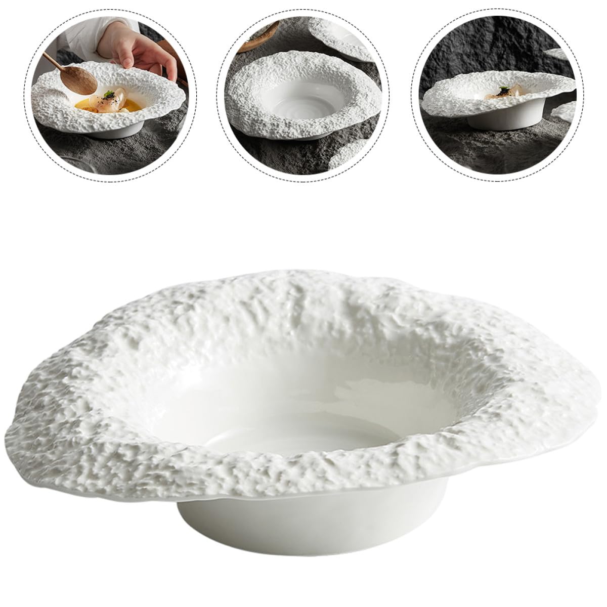 Veemoon Assiette Creuse en Céramique 10 Pouces Motif Pierre Bol Chapeau de Paille Plat de Service Profond pour Pâtes et Salades Assiette à Dessert Polyvalente Cuisine et Buffet