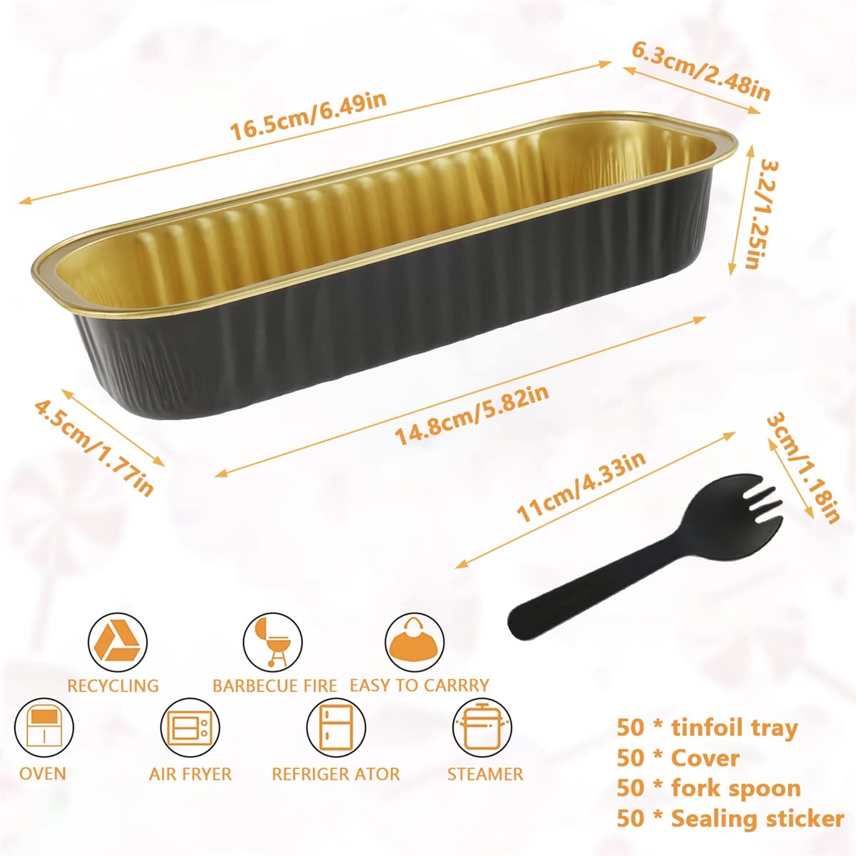50 mini moldes para tartas con tapas y cucharas, 6.75 onzas, rectangulares de papel de aluminio para hornear, mini moldes para pasteles, resistentes al calor, recipientes estrechos de aluminio para