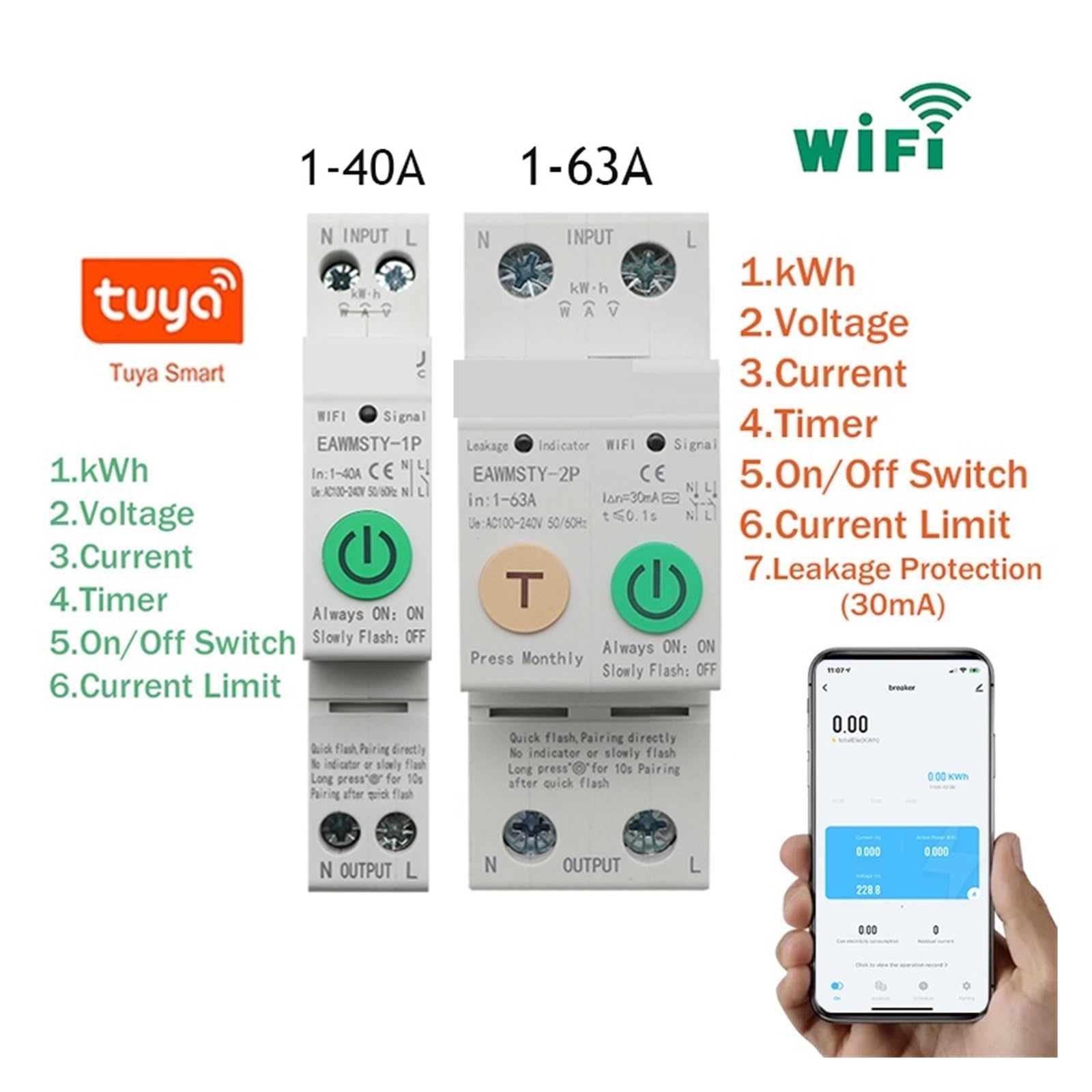 1P+N 2P Tuya Smart Circuit Breaker Energie Strom kWh Meter Timer Schalter Relais Voltmeter Strom Leckage Schutz für Zuhause(1-63A)