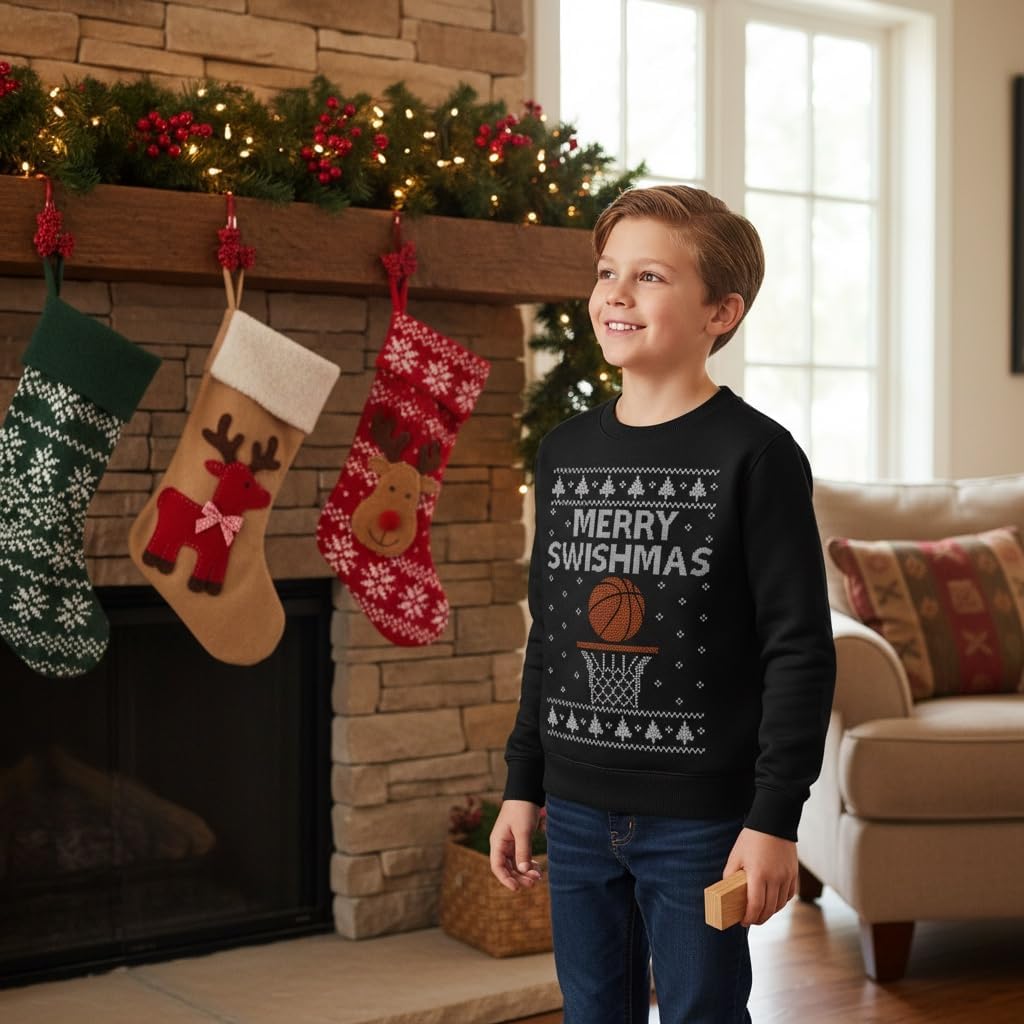 Tstars Merry Swishmas Basketball Ugly Christmas Sweatshirt Kids Youth