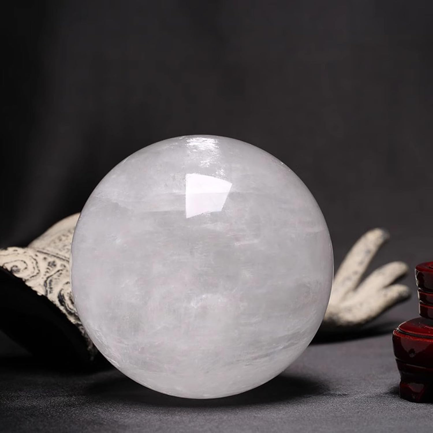 White Calcite Quartz Ball Quartz Sphere Crystal Ball with Wooden Base,Crystal Ball Ornament for Living Room Decor, Fountain Decoration,19cm/7.5in