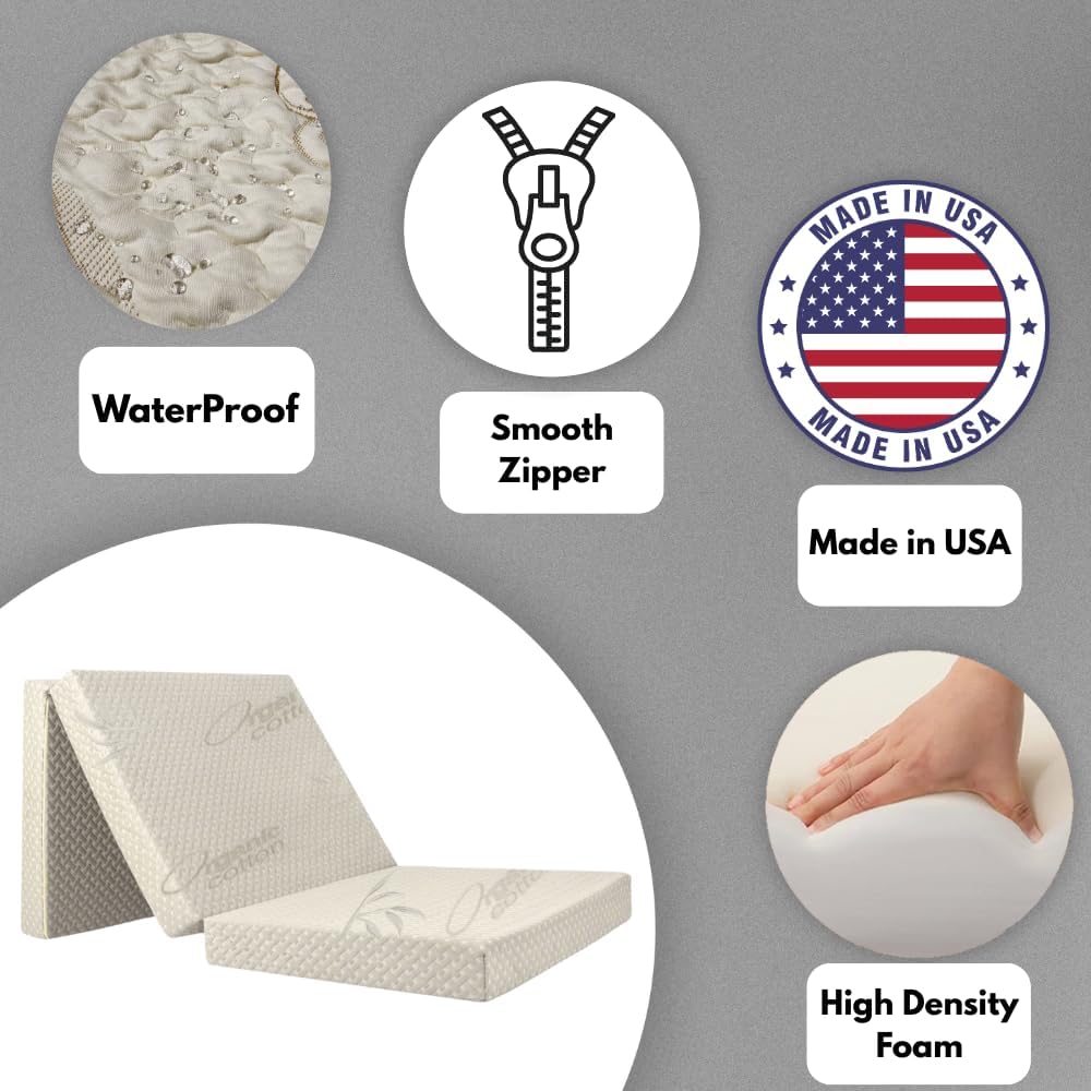 FoamRush Tri-Fold 4-Inch 48" x 72" Bunk RV Mattress Replacement, Gel Memory Foam with Zipper, Foldable, Suitable for Camping, Road Trip, Travel and Home