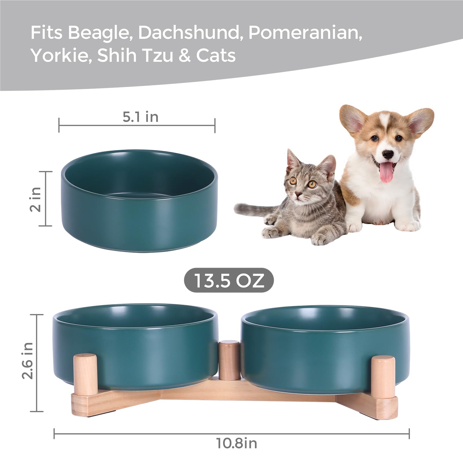 Lot de 2 gamelles en céramique pour chien et chat avec support en bois, bols lestés antidérapants pour nourriture et eau, double mangeoire surélevée pour petits chiens et chats, gamelles en vernis mat