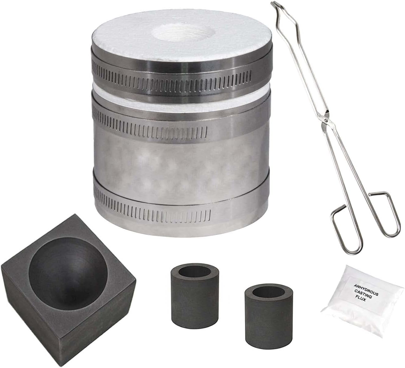Deluxe Mini Tabletop PRO Kiln Propane Furnace Kit 2" x 1-1/2" Single Cavity Graphite Conical Mold Crucibles Tongs Anhydrous Casting Flux Gold Silver Melting Casting Refining Set