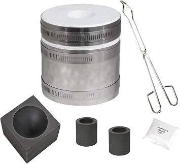 Deluxe Mini Tabletop PRO Kiln Propane Furnace Kit 2" x 1-1/2" Single Cavity Graphite Conical Mold Crucibles Tongs Anhydrous Casting Flux Gold Silver Melting Casting Refining Set