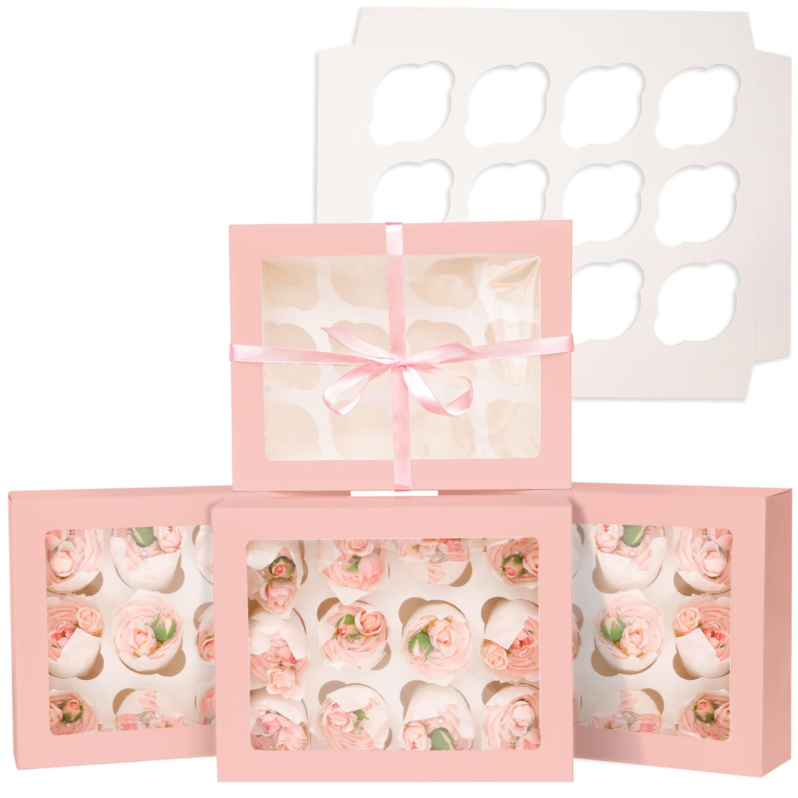 Bakepacker Auto-pop up 12 Cupcake Box, Pink, 13"x10"x3.5", 10-Pack