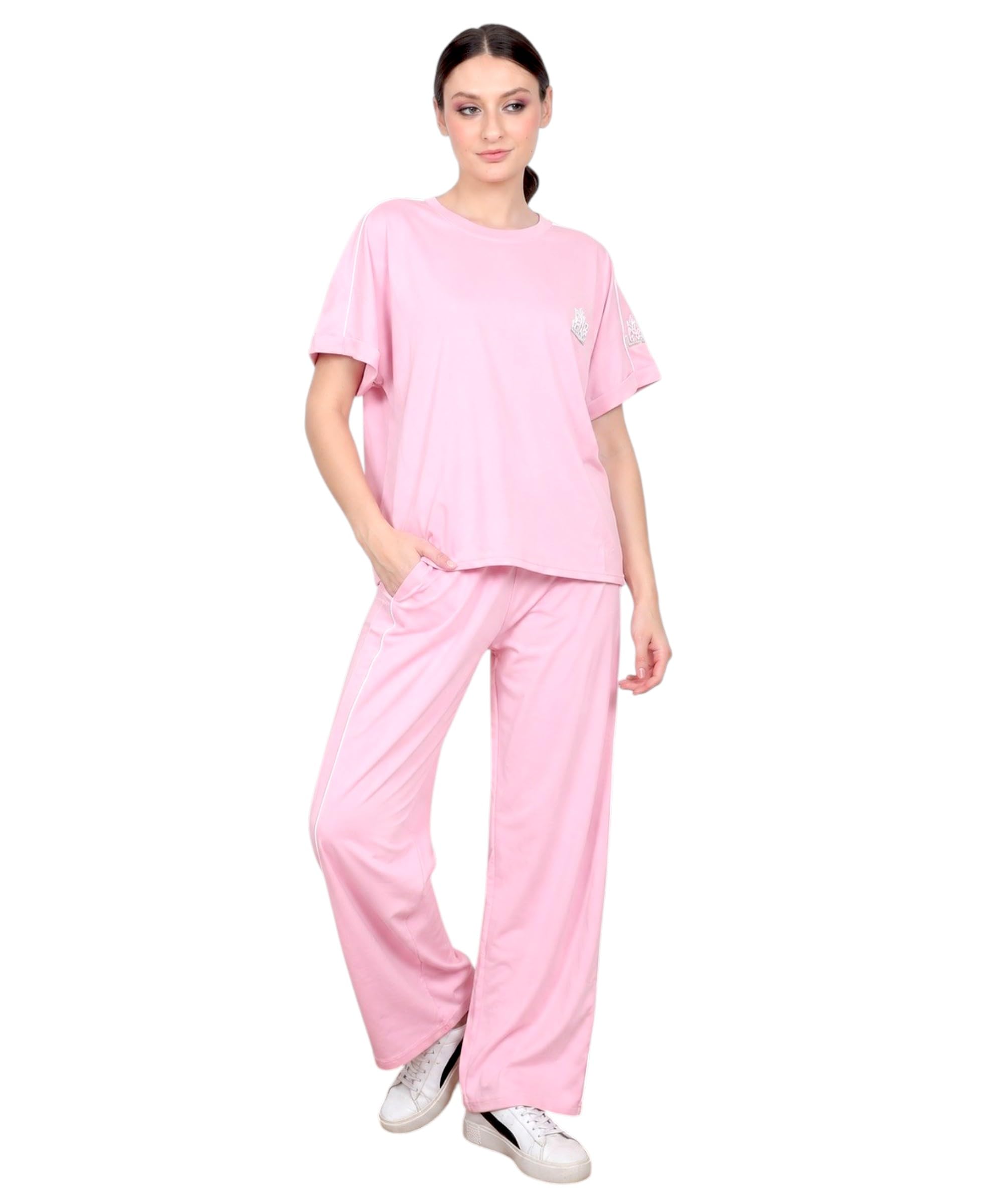 pollo loco Women Solid Oversized T-Shirt with Wide Leg Track Pants Co-Ord Set (IN, Alpha, L, Regular, PINK)-picture-38