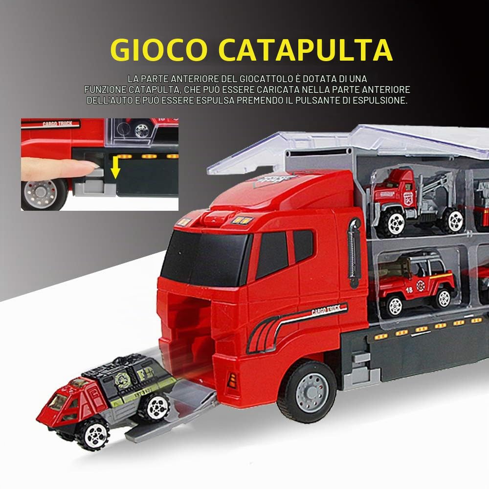 Coolplay Set di giocattoli per camion dei pompieri Mini set auto pressofusa veicoli di emergenza di salvataggio Veicoli antincendio Veicolo 10 in 1 Big Carrier Truck per bambini ragazzi e ragazze