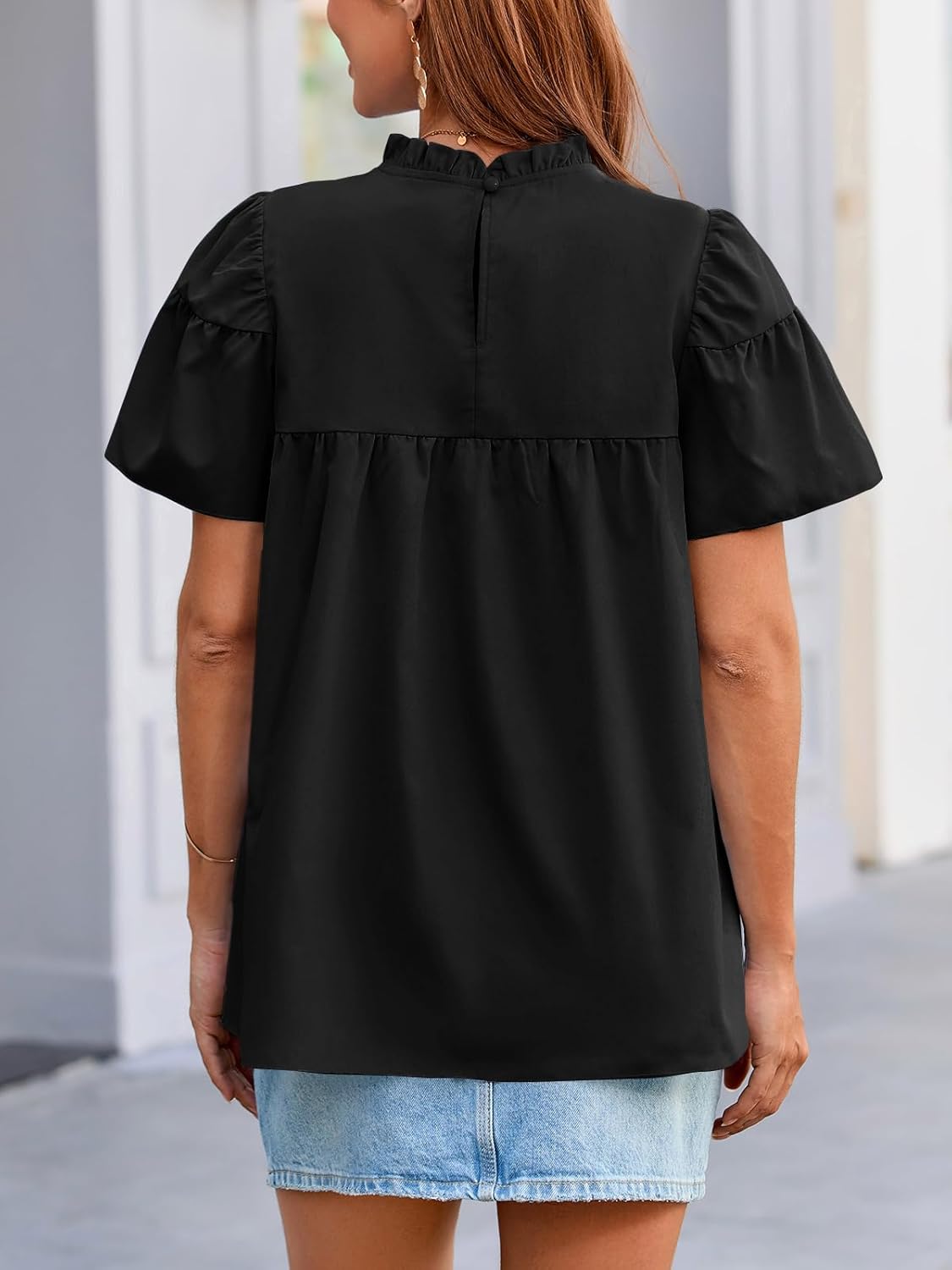 Tankaneo Womens Ruffle Short Sleeve Babydoll Tops Peplum Mock Neck Blouse Casual Loose Fit Pleated Tunic Shirts - Image 5