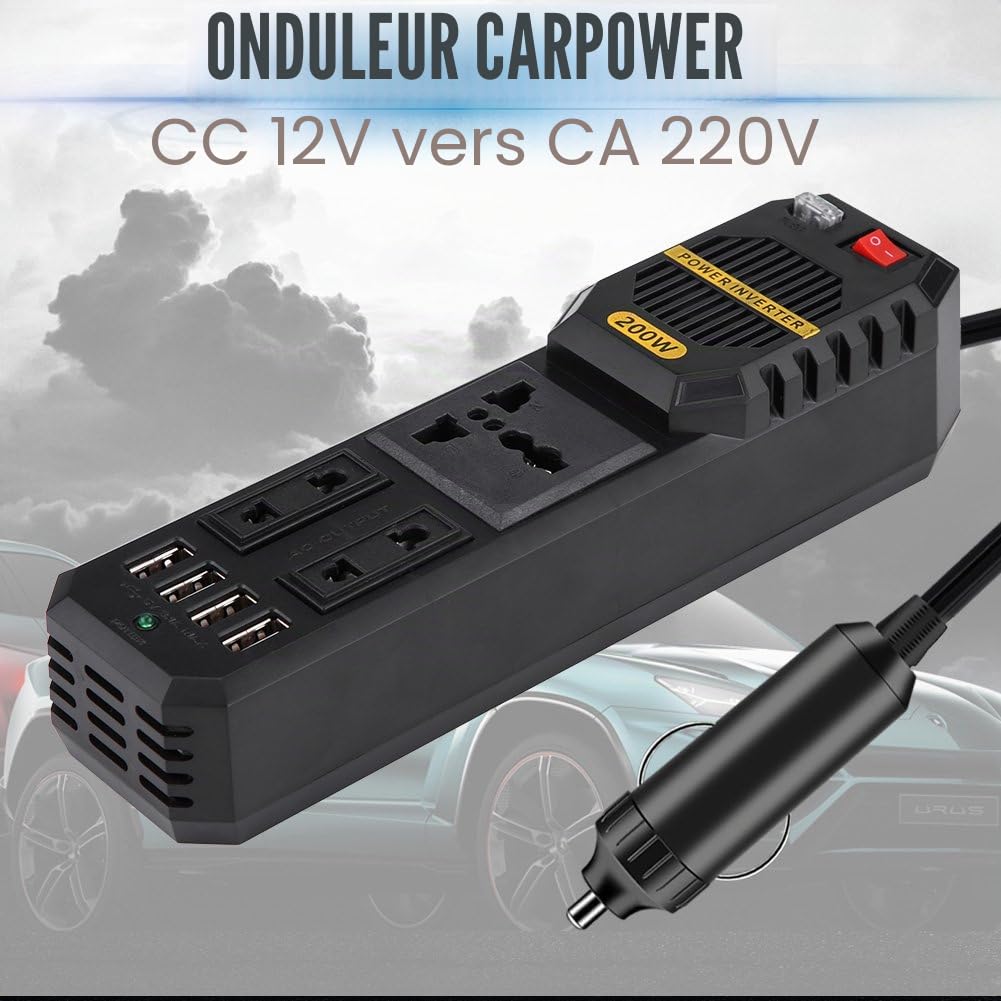 Keenso Mini Onduleur 200W, Converter Convertisseur DC 12V à 220V AC Power Car Inverter Transformateur de Tension de Voiture avec 4 Allume-Cigare de Port USB Inverseur de Voiture