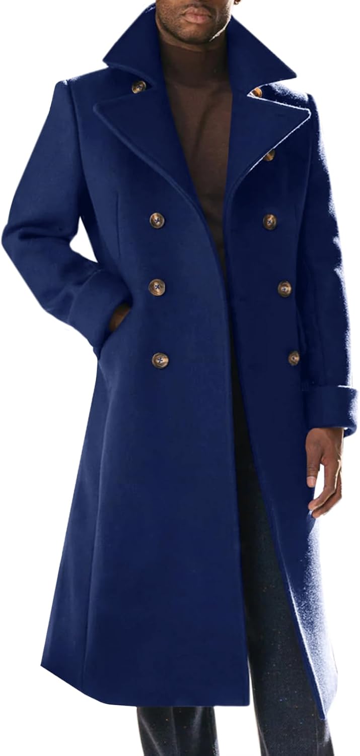 Runcati Mens Trench Coat Notch Lapel Slim Fit Double Breasted Long Pea Coat Winter Warm Overcoat